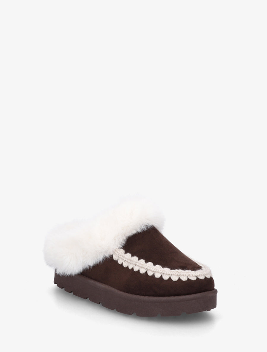 Mules fourrées en suédine à broderies - Marron - 2