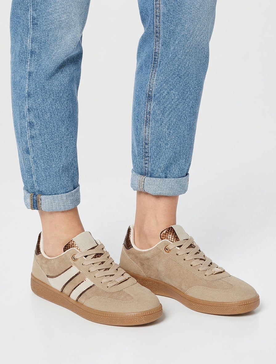 Sneaker aus Wildleder mit Streifen und Python-Einsätzen - Beige