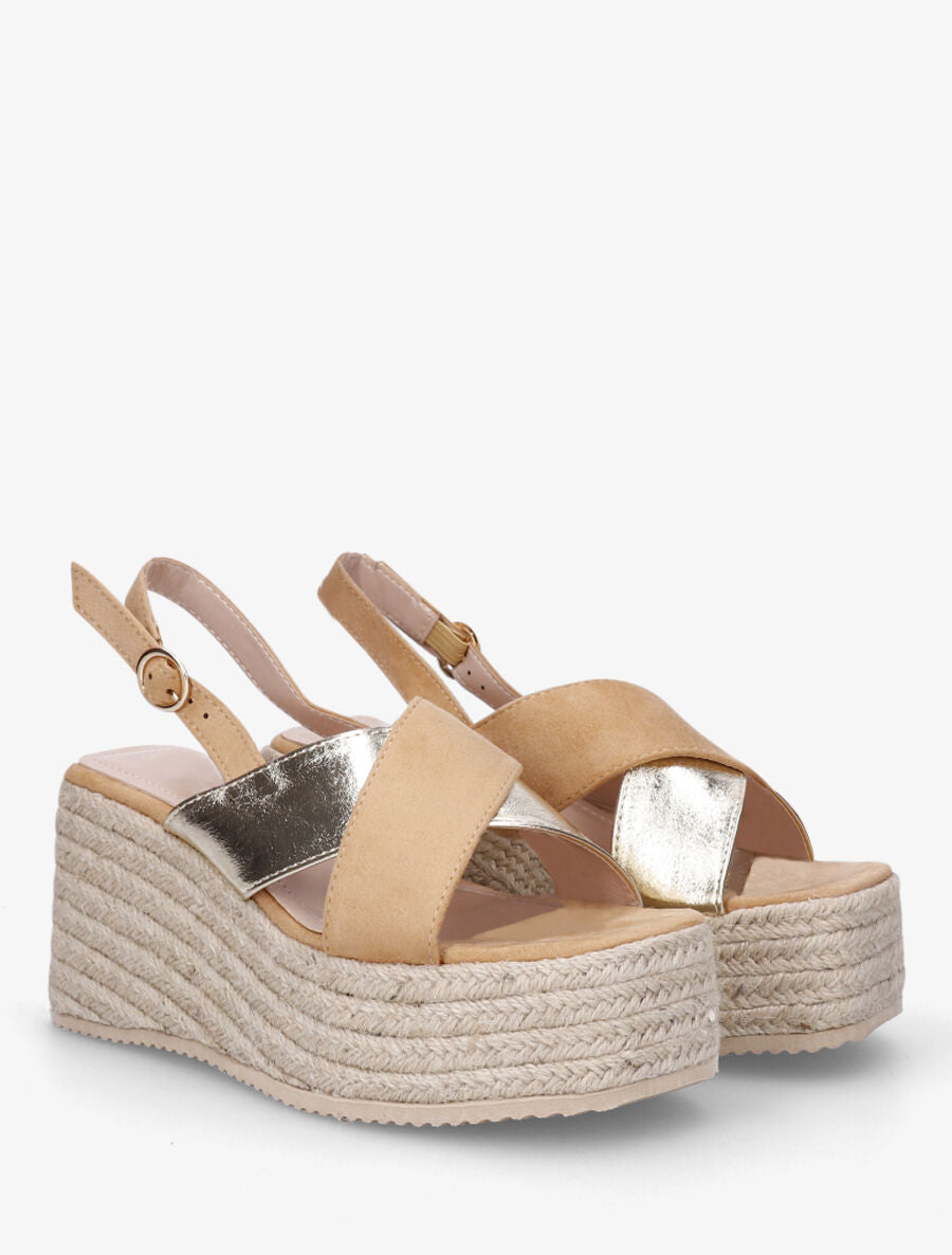 Sandales croisées bi-matière à talon compensé - Camel - 4