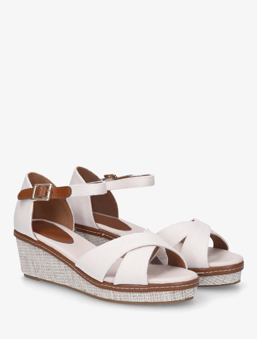 Sandales compensées bride croisées en tissu - Écru - 4