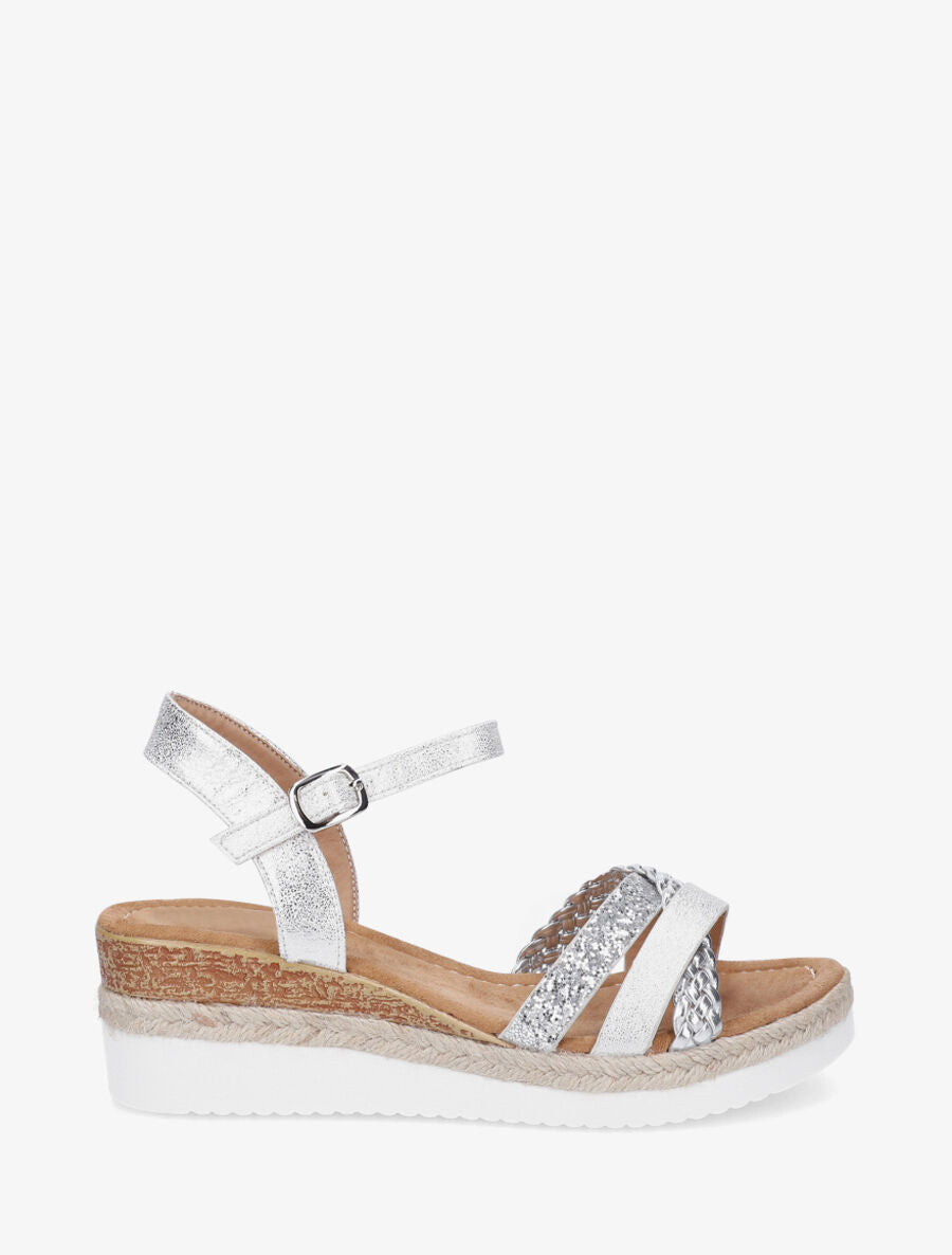 Sandales compensées croisées à paillettes - Argent - 1
