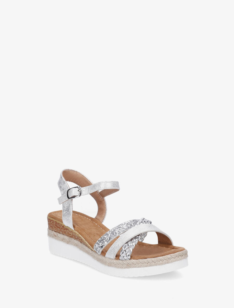Sandales compensées croisées à paillettes - Argent - 2