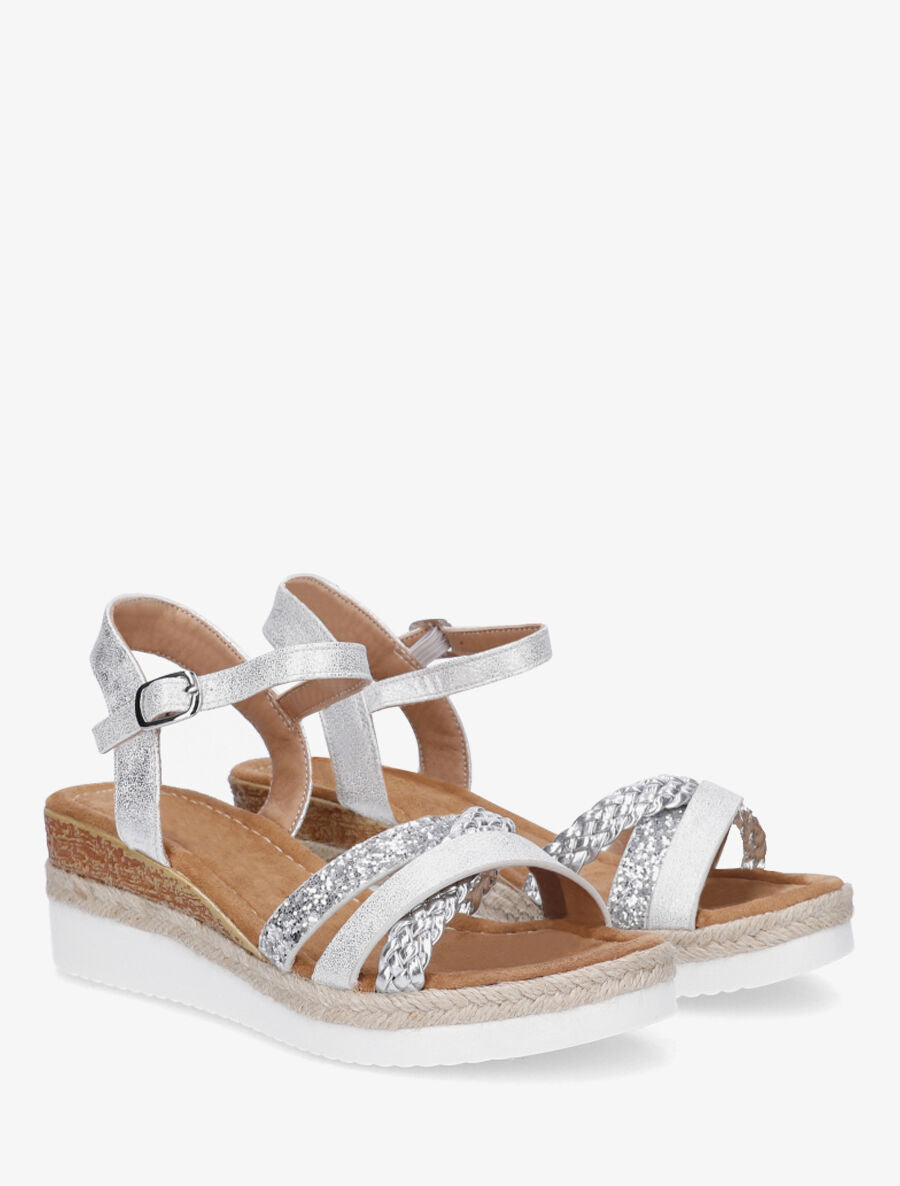 Sandales compensées croisées à paillettes - Argent - 4