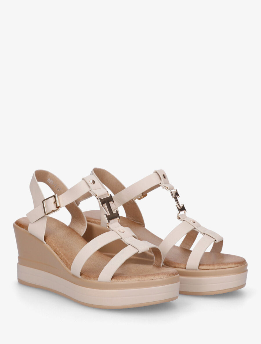 Sandales compensées à boucle métallique - Beige - 4