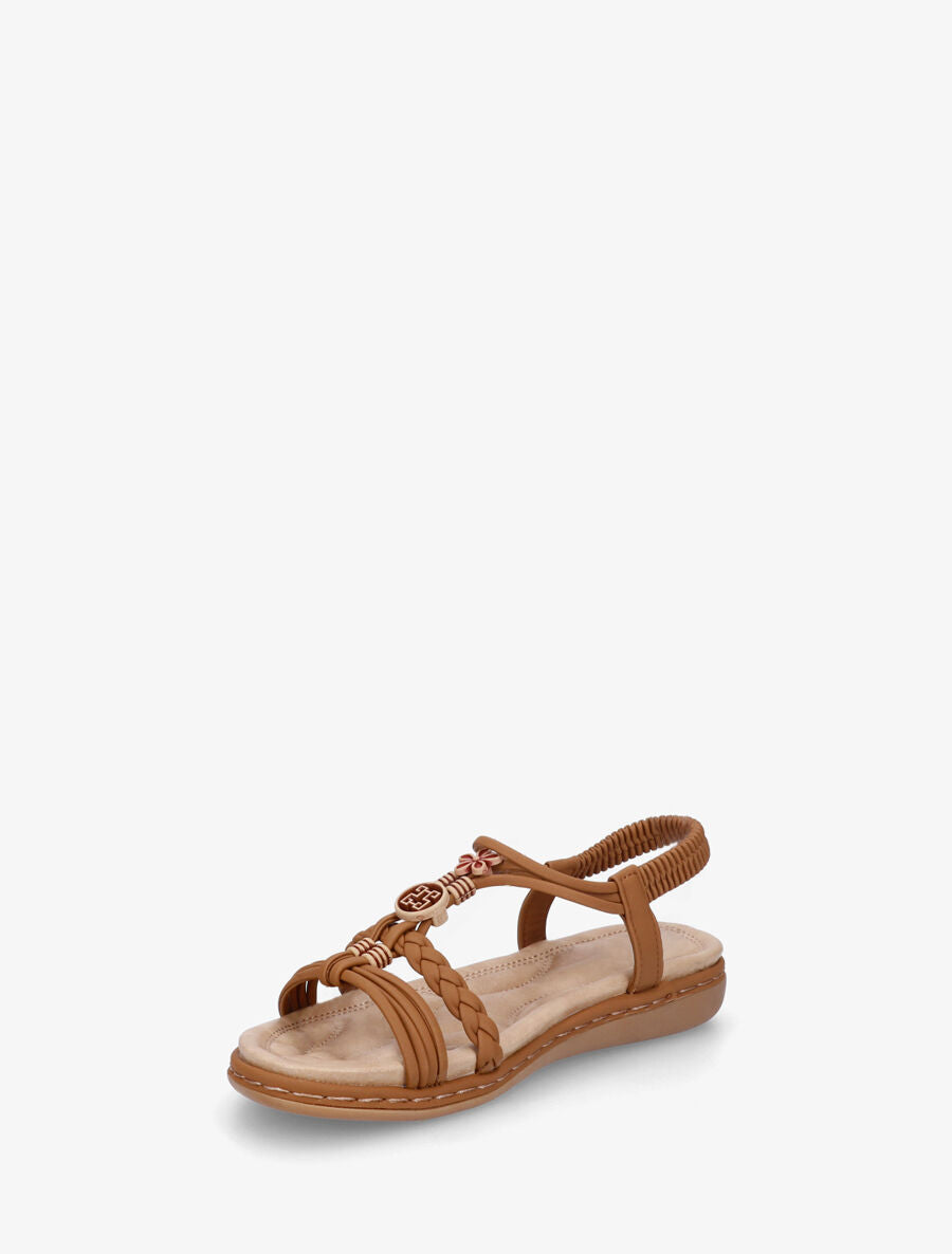 Nu-pieds unis à empiècement perles en bois - Camel - 3