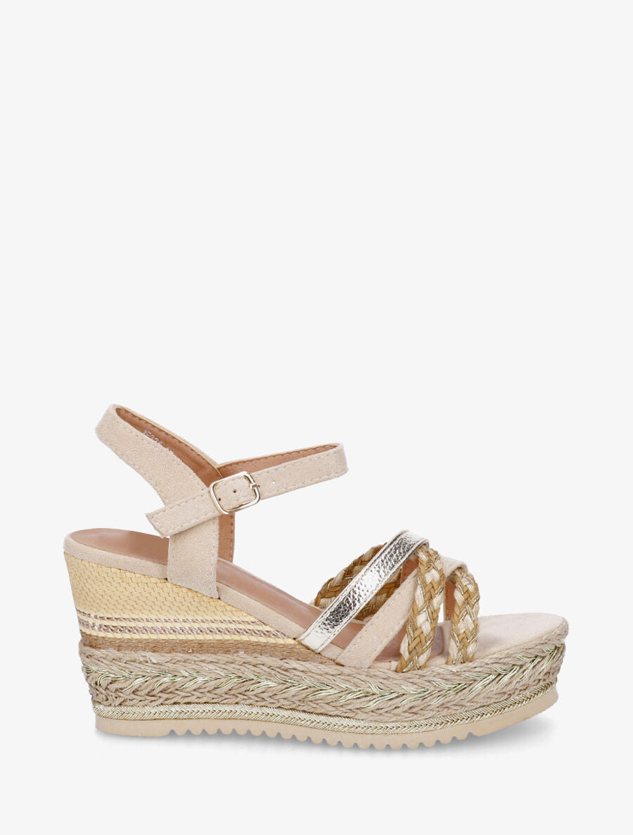 Sandales compensées en simili et raphia - Beige - 5