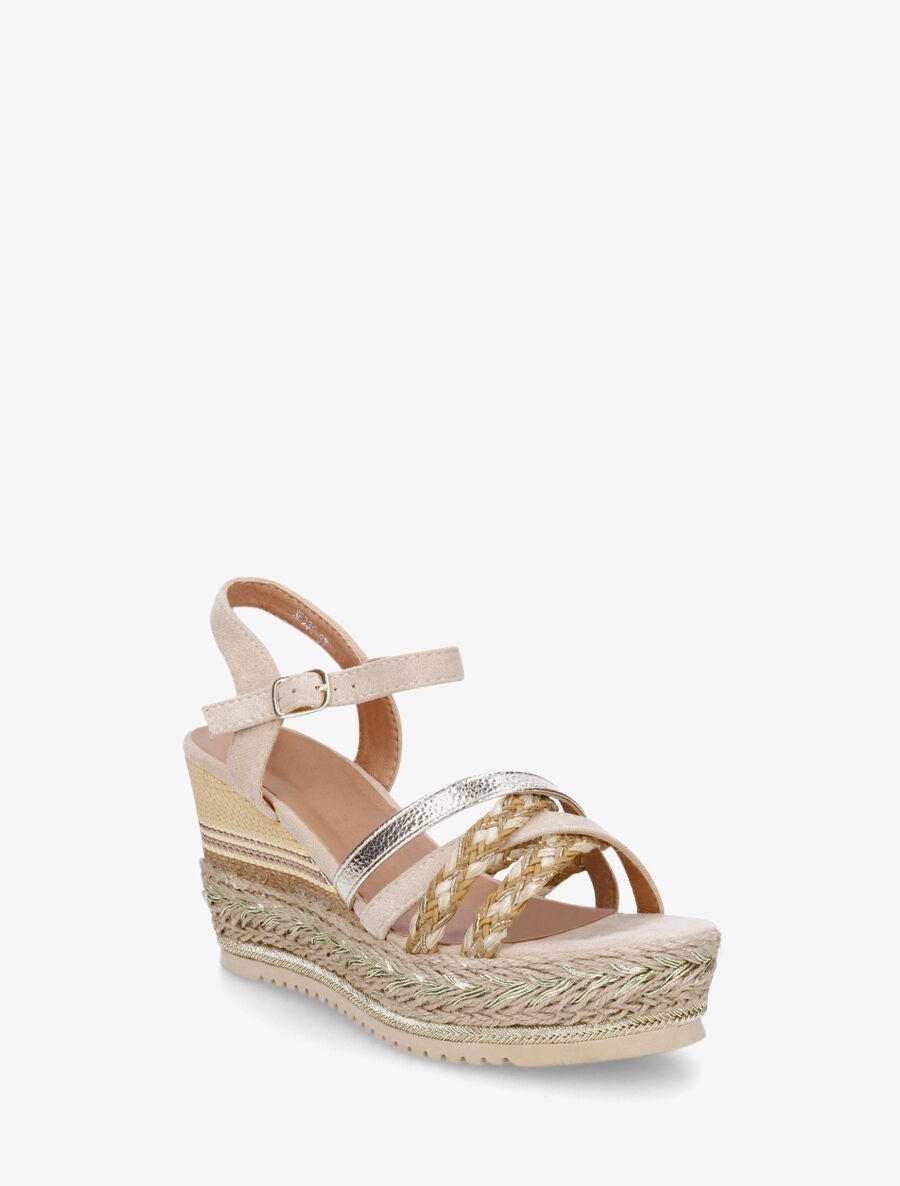 Sandales compensées en simili et raphia - Beige - 2