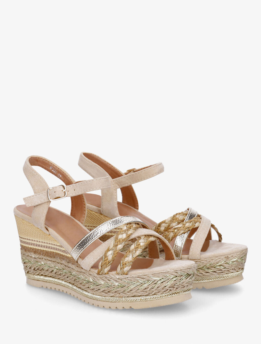 Sandales compensées en simili et raphia - Beige - 4