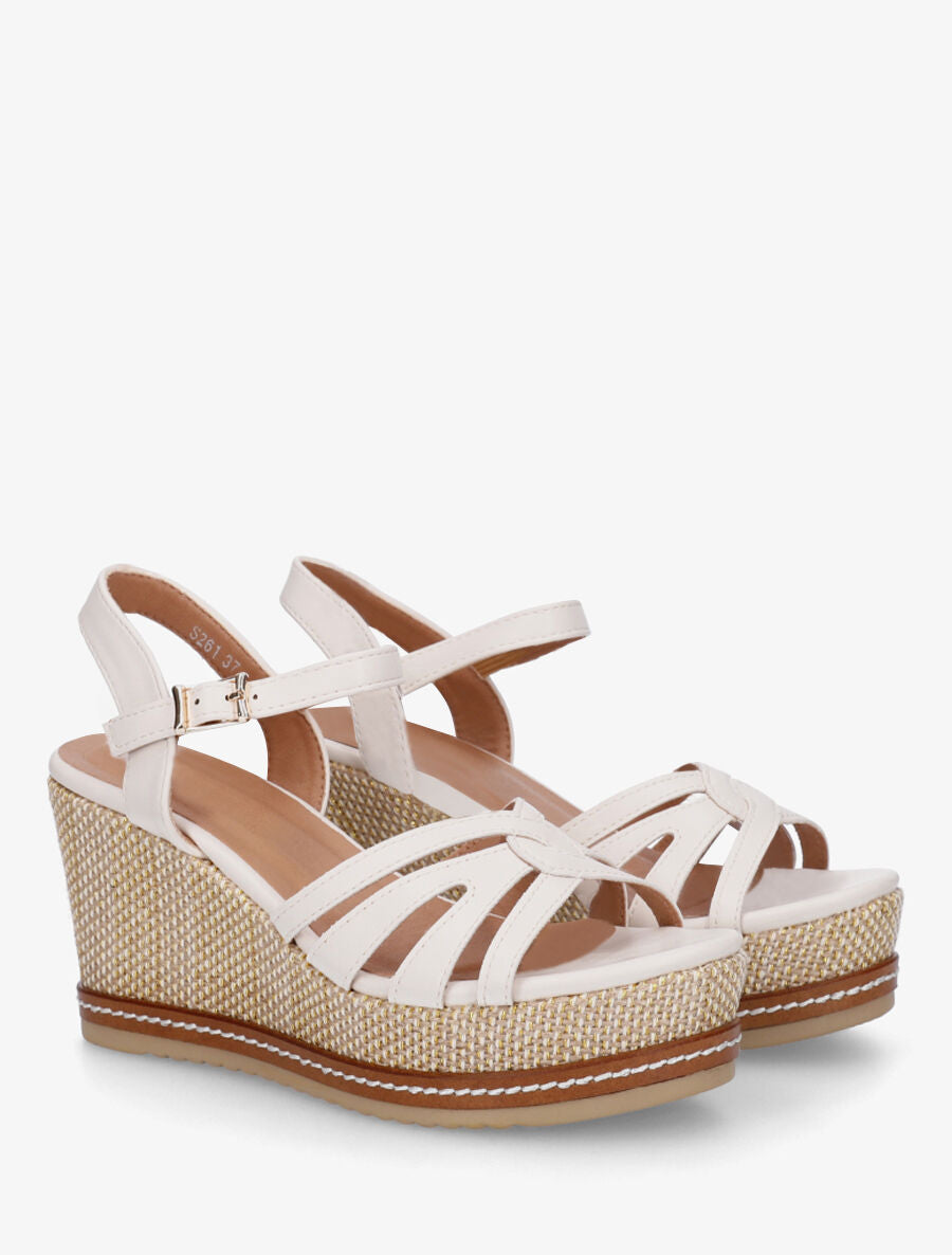 Sandales en simili à talon compensé tissé - Beige - 4