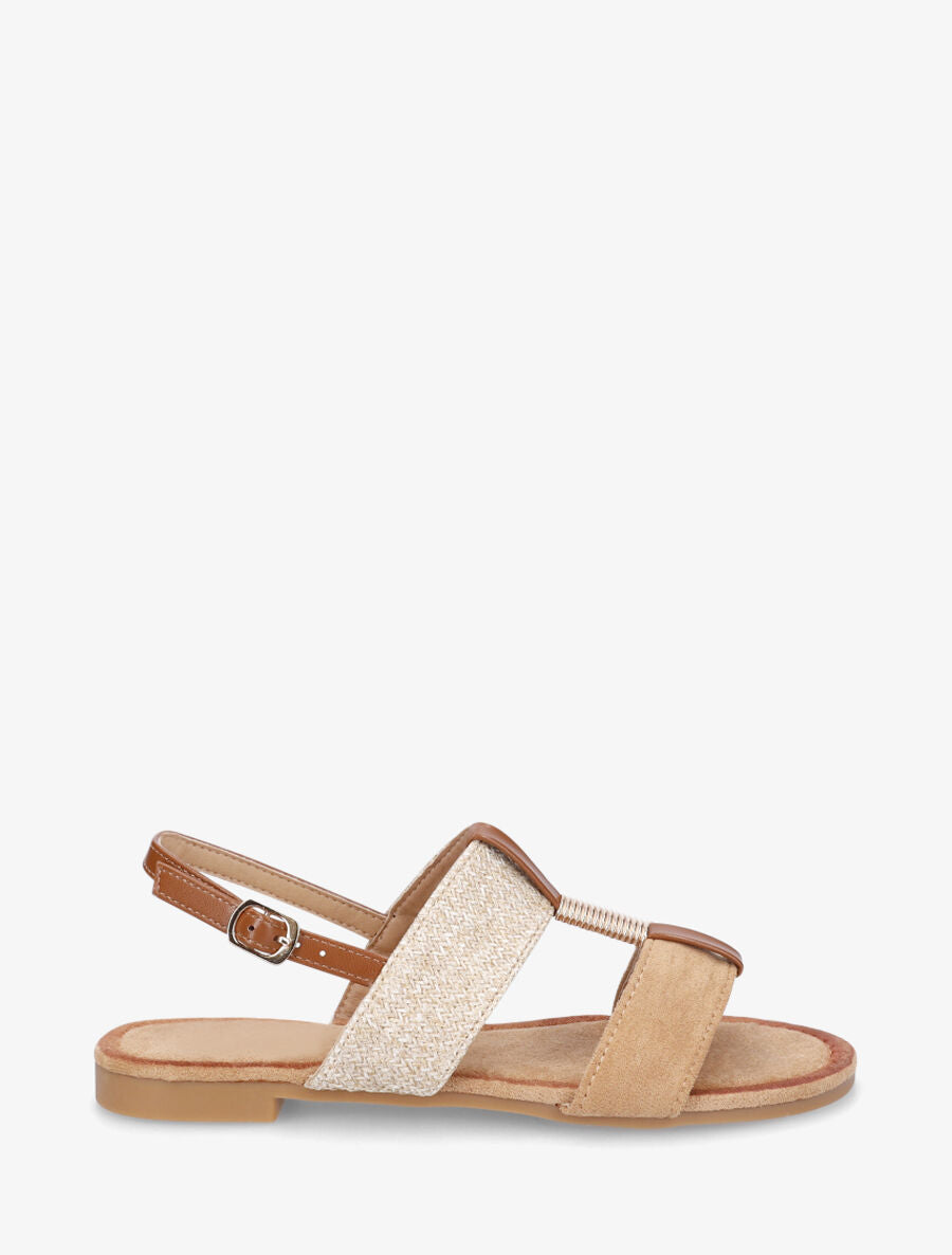 Nu-pieds à brides bimatière et empiècement métal - Camel - 1