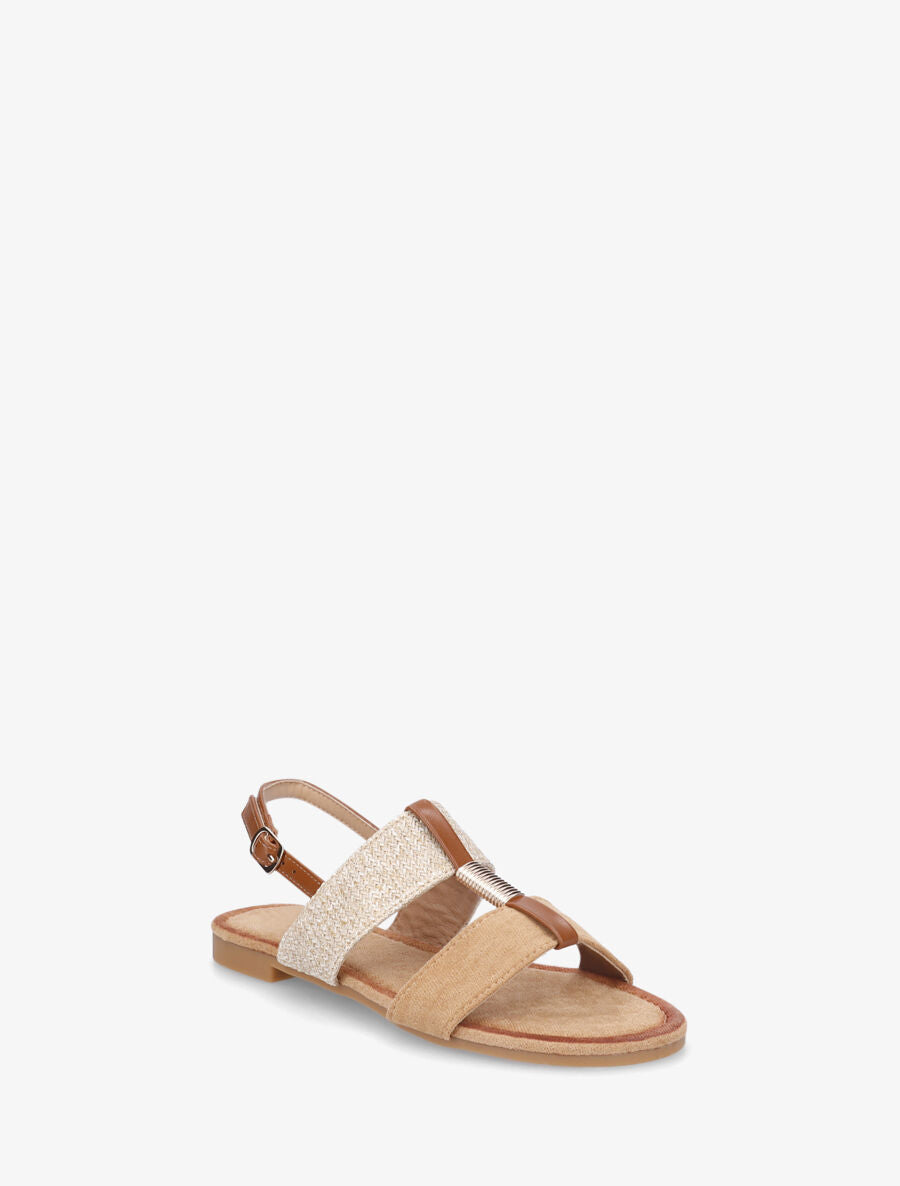 Nu-pieds à brides bimatière et empiècement métal - Camel - 2
