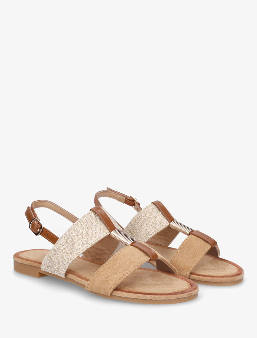 Nu-pieds à brides bimatière et empiècement métal - Camel - 4