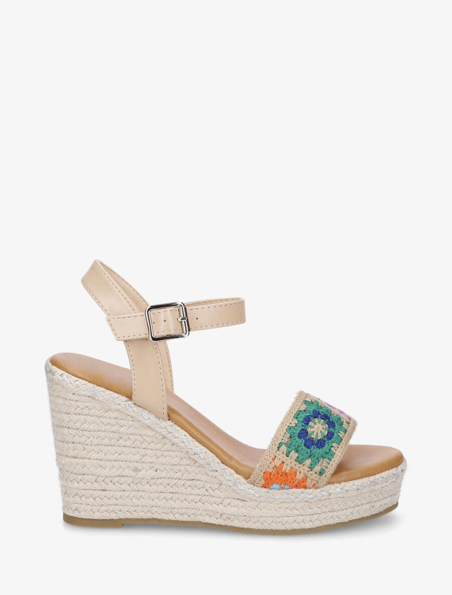 Sandales compensées à bride imprimé floral - Beige - 1