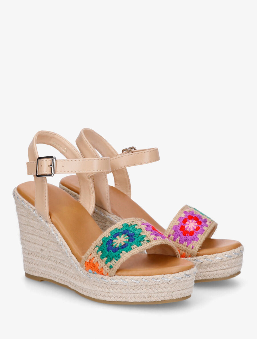 Sandales compensées à bride imprimé floral - Beige - 4