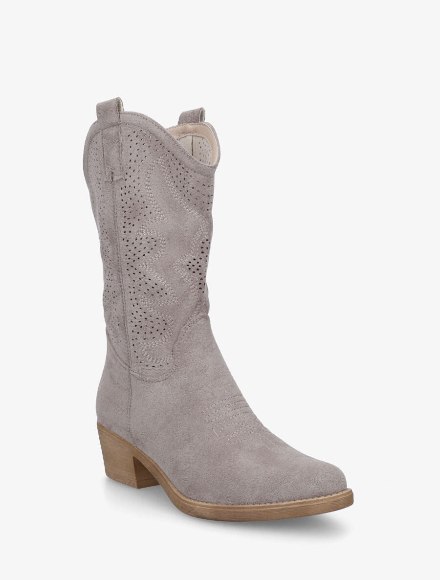 Bottines en suédine ajourées style santiags - Gris - 2