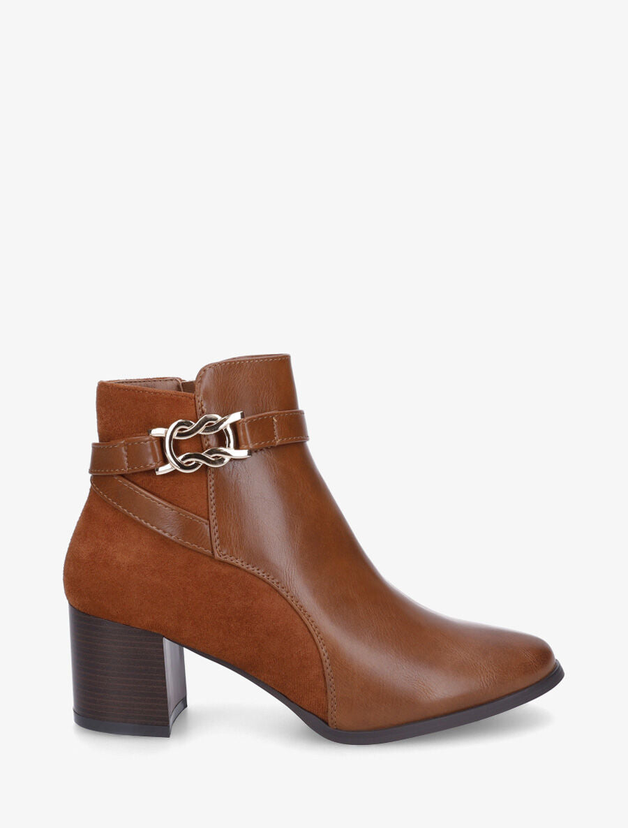 Bottines à talon et boucle décorative - Camel - 1