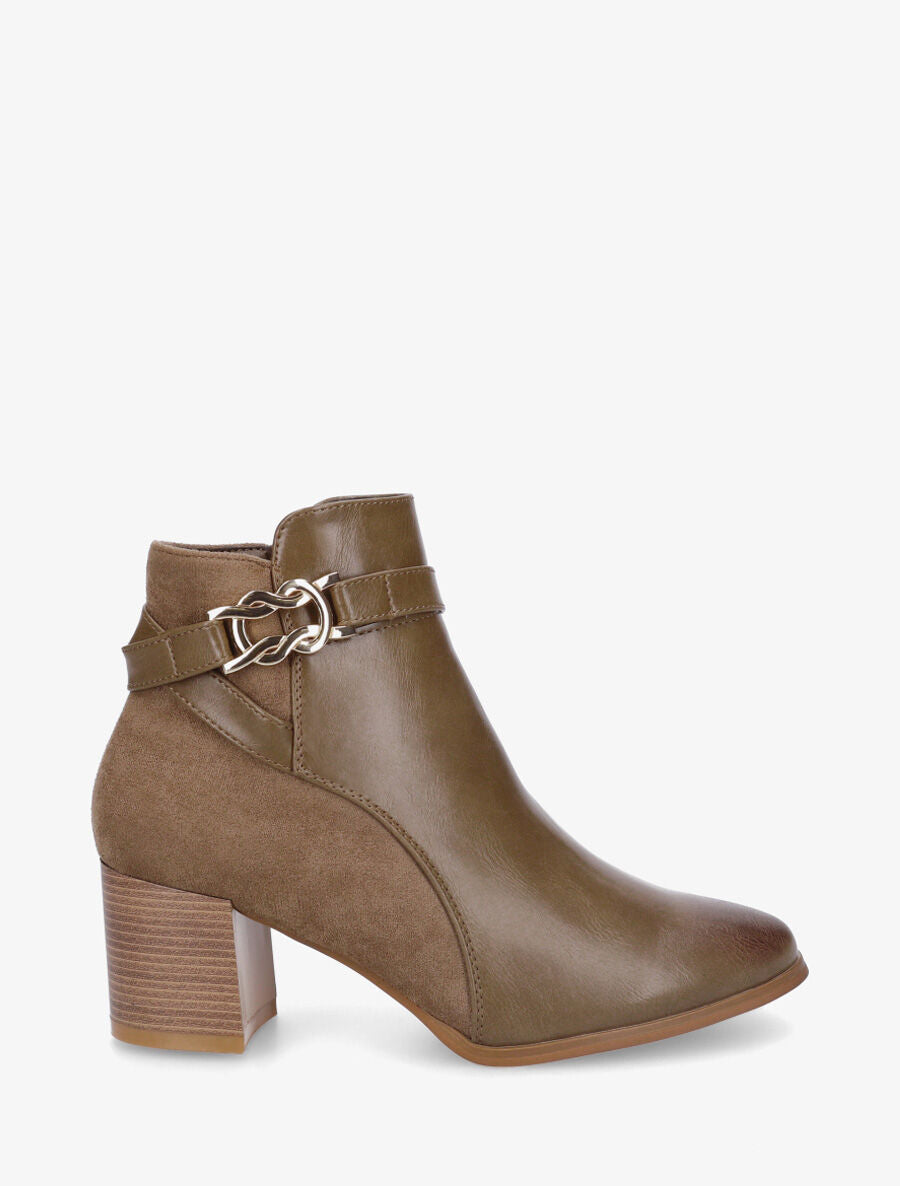 Bottines à talon et boucle décorative - Kaki - 1