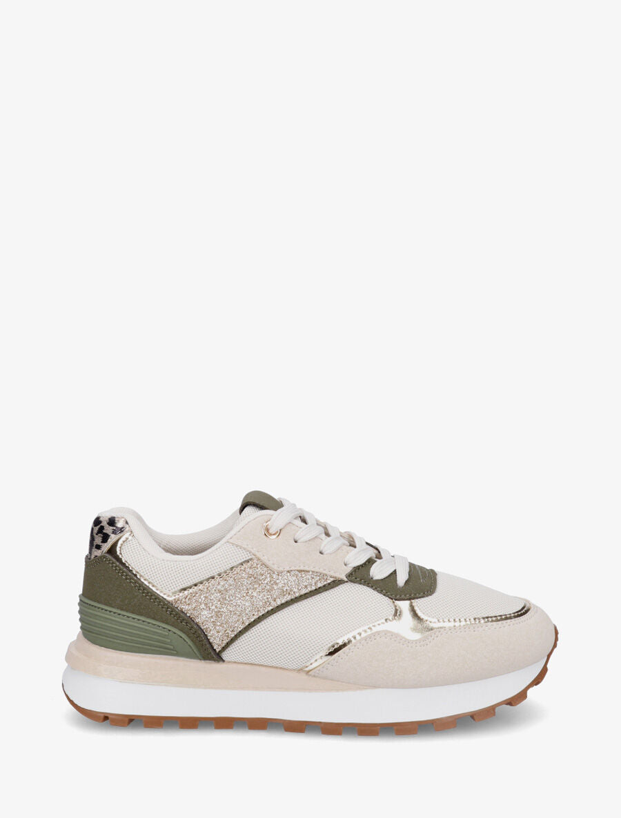 Sneakers à blocs colorés et détail pailleté - Kaki - 1