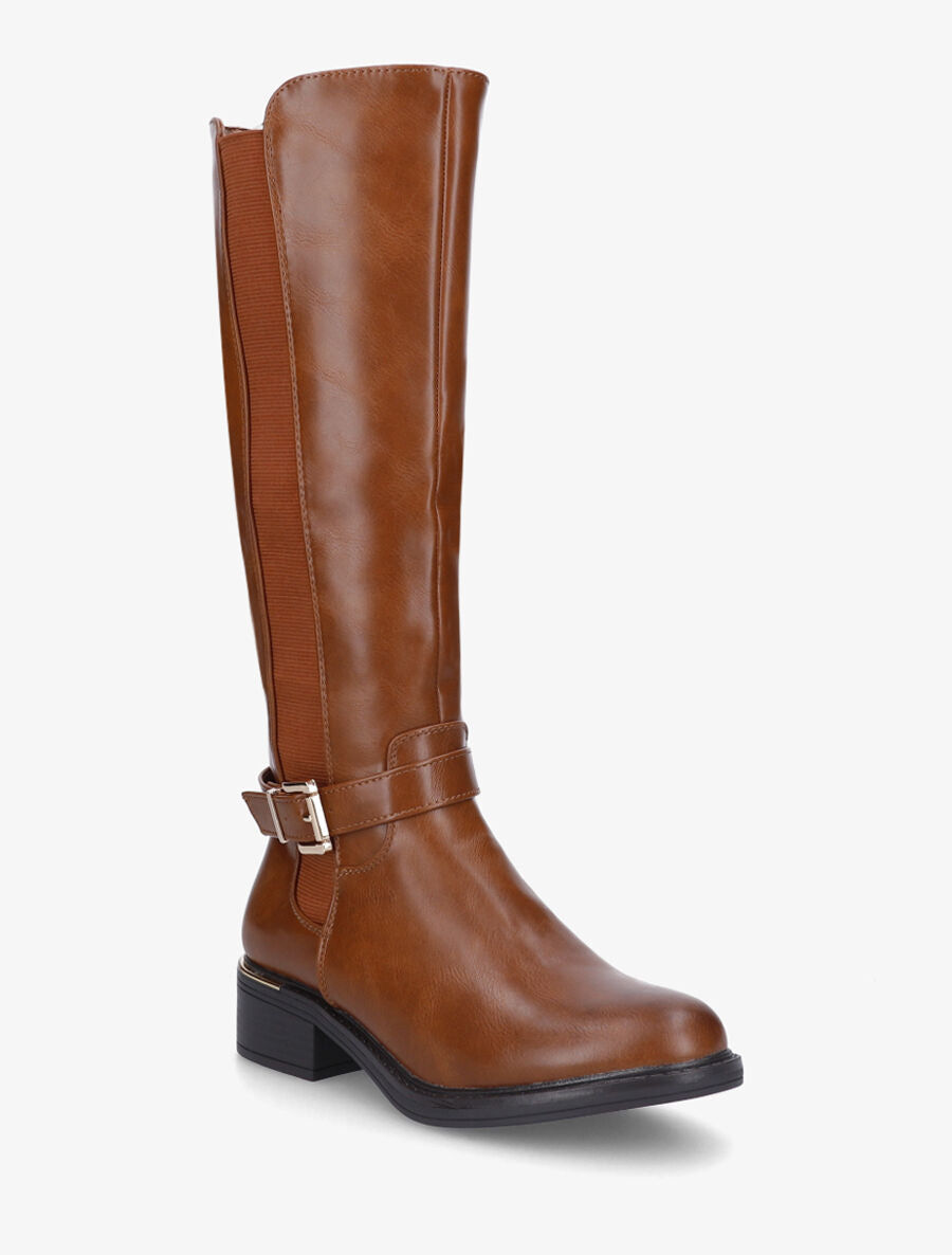 Bottes élastiquées en simili et sanglées - Camel - 2