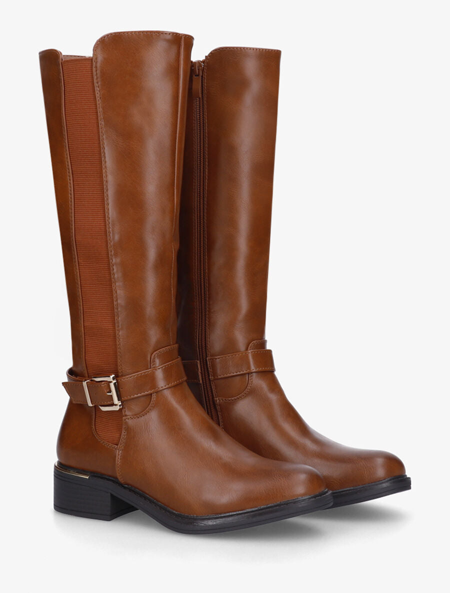 Bottes élastiquées en simili et sanglées - Camel - 4