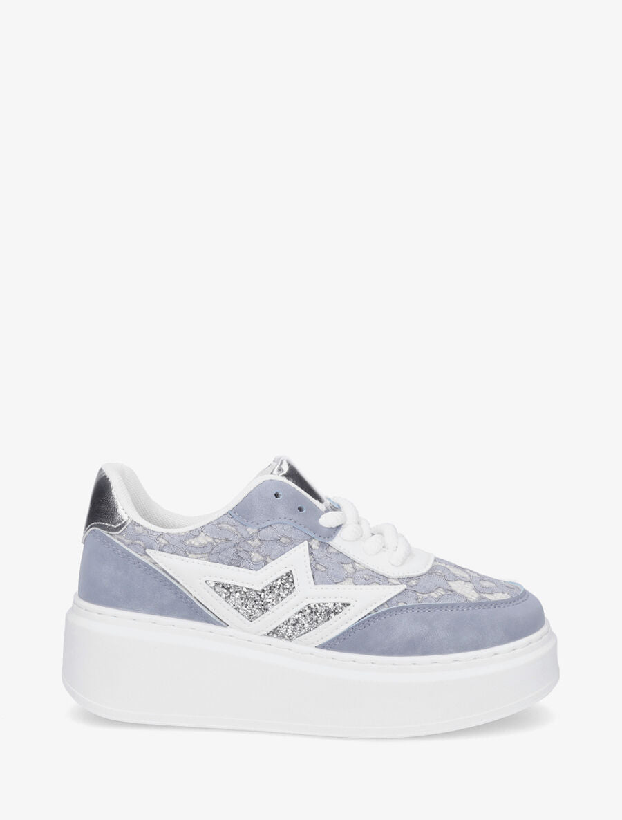 Sneakers en simili à détail dentelle et sequins - Bleu - 5