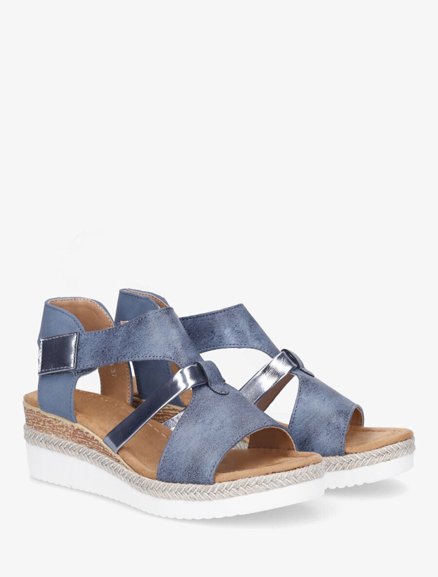 Sandales compensées en simili effet jean - Bleu denim - 4