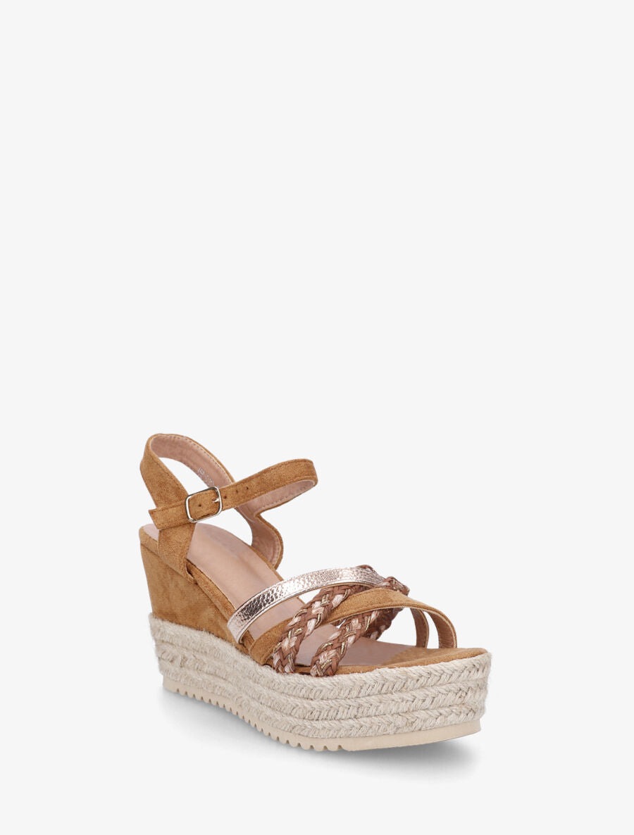 Sandales compensées en suédine et raphia - Camel - 2