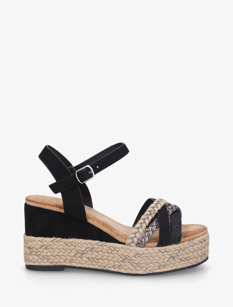 Sandales compensées en raphia et simili tressés - Noir - 1