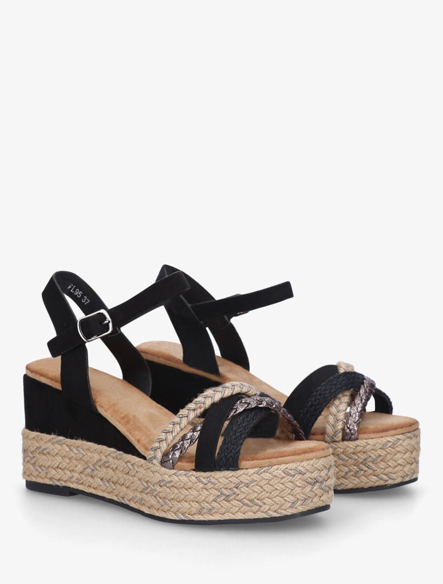 Sandales compensées en raphia et simili tressés - Noir - 4