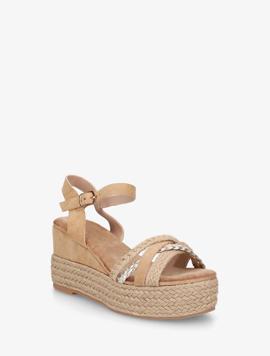 Sandales compensées en raphia et simili tressés - Camel - 2