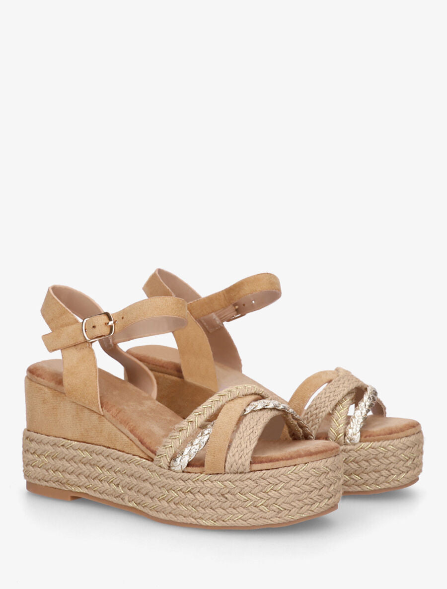 Sandales compensées en raphia et simili tressés - Camel - 4