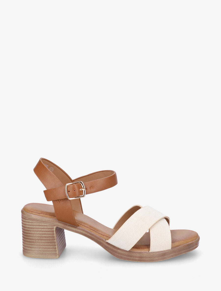 Sandales à talon en suédine et simili - Beige - 1