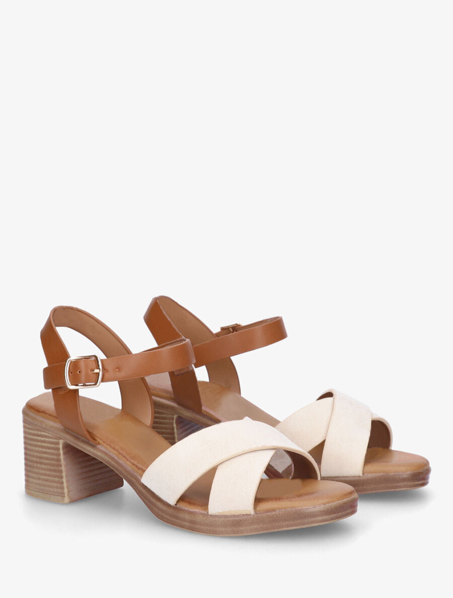 Sandales à talon en suédine et simili - Beige - 4