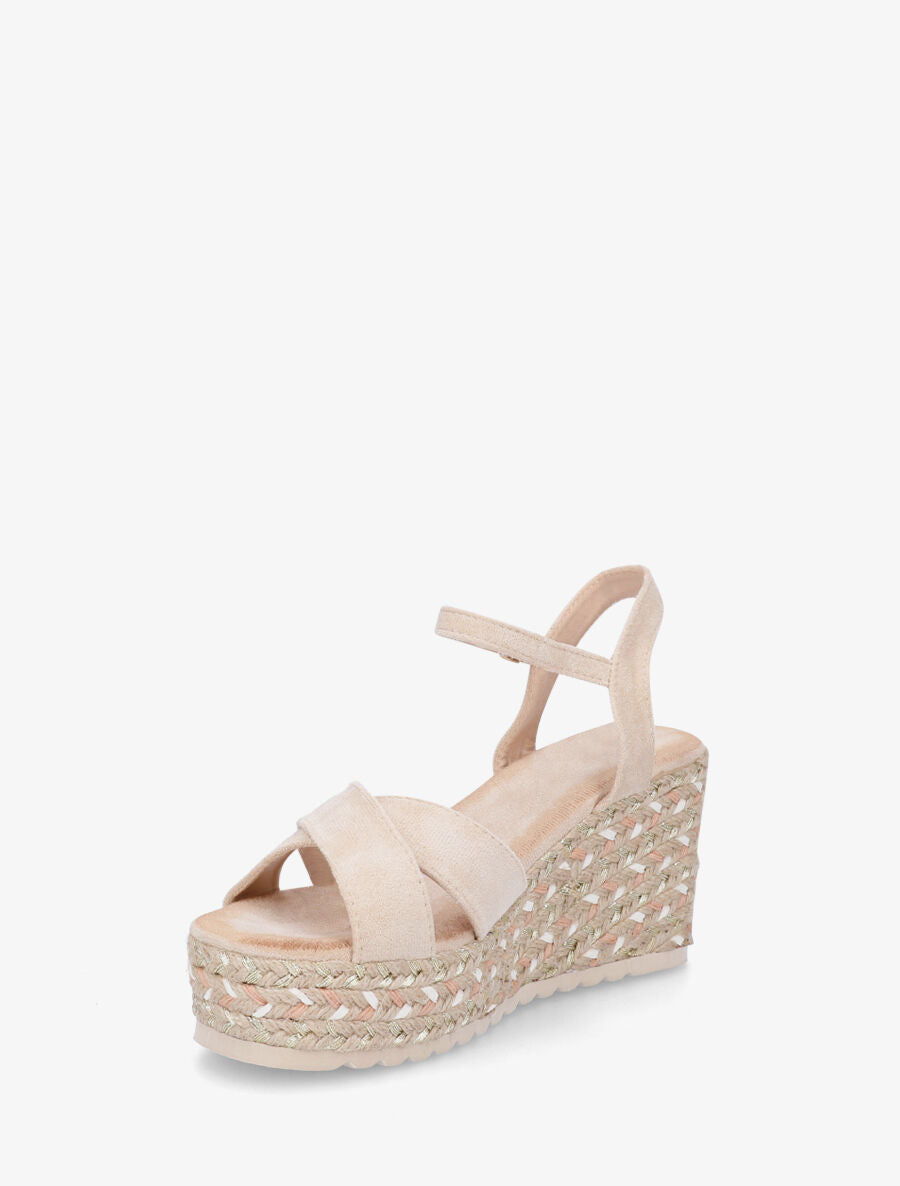 Sandales compensées en suédine et raphia - Beige - 3
