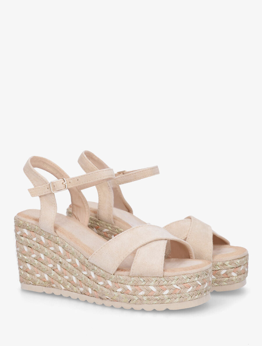 Sandales compensées en suédine et raphia - Beige - 4