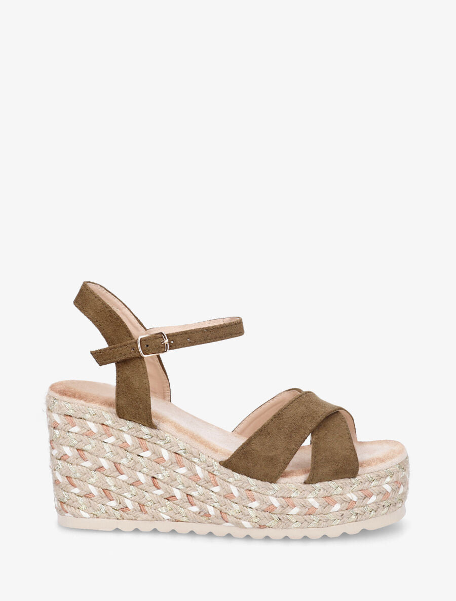 Sandales compensées en suédine et raphia - Kaki - 1