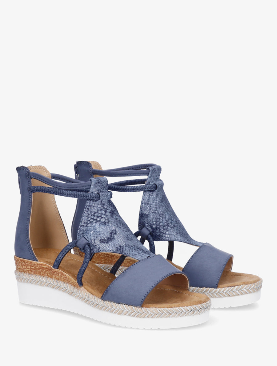 Keilsandalen mit Riemen im schimmernden Python-Druck. - Marine
