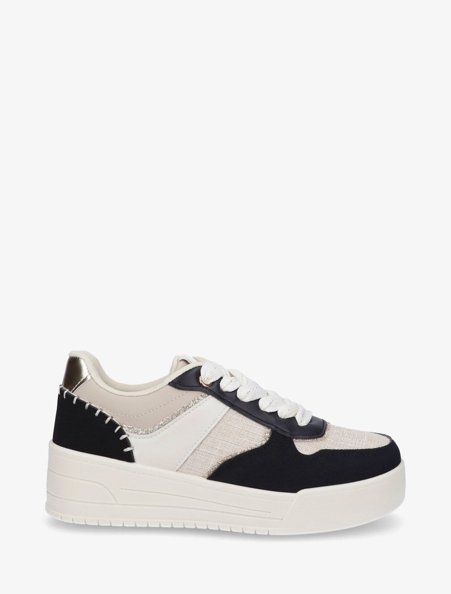 Sneakers à empiècement effet nubuck et tweed - Noir - 1