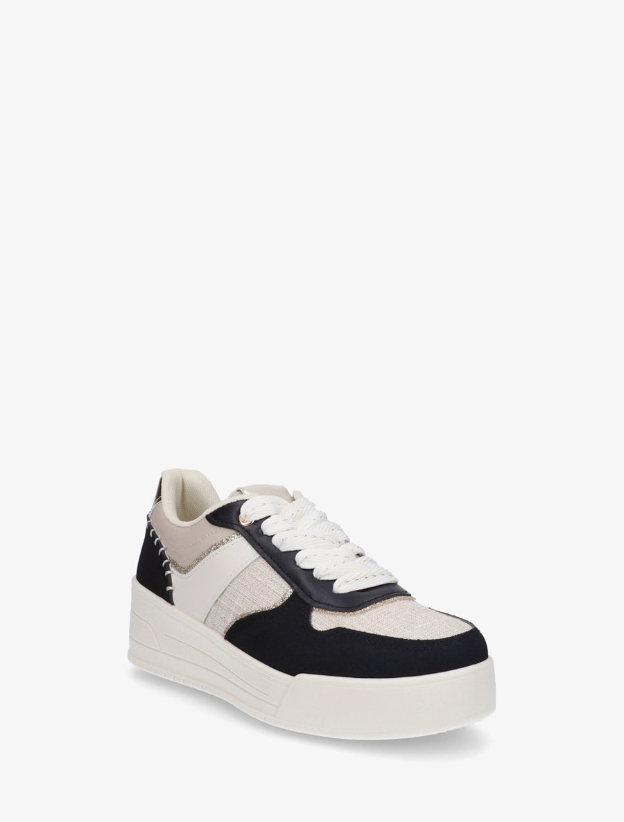 Sneakers à empiècement effet nubuck et tweed - Noir - 2