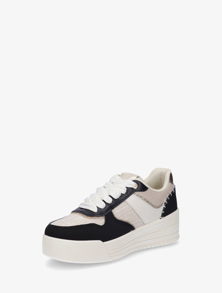 Sneakers à empiècement effet nubuck et tweed - Noir - 3