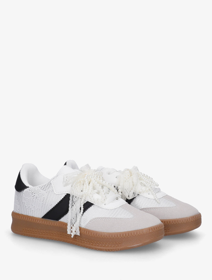 Sneakers à empiècement dentelle et lacets stylisés - Noir - 4