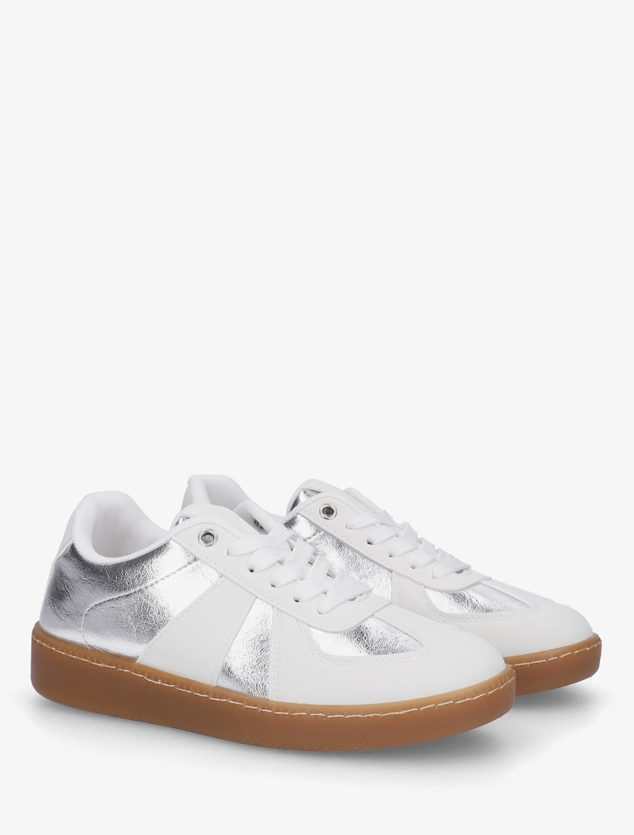 Baskets bi-matière à bout rond - Blanc/argent - 4