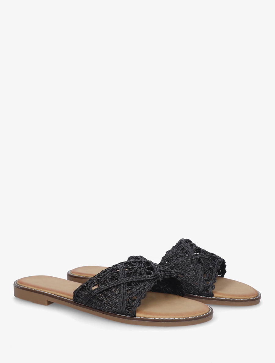 Mules plates en raphia tressé - Noir - 4