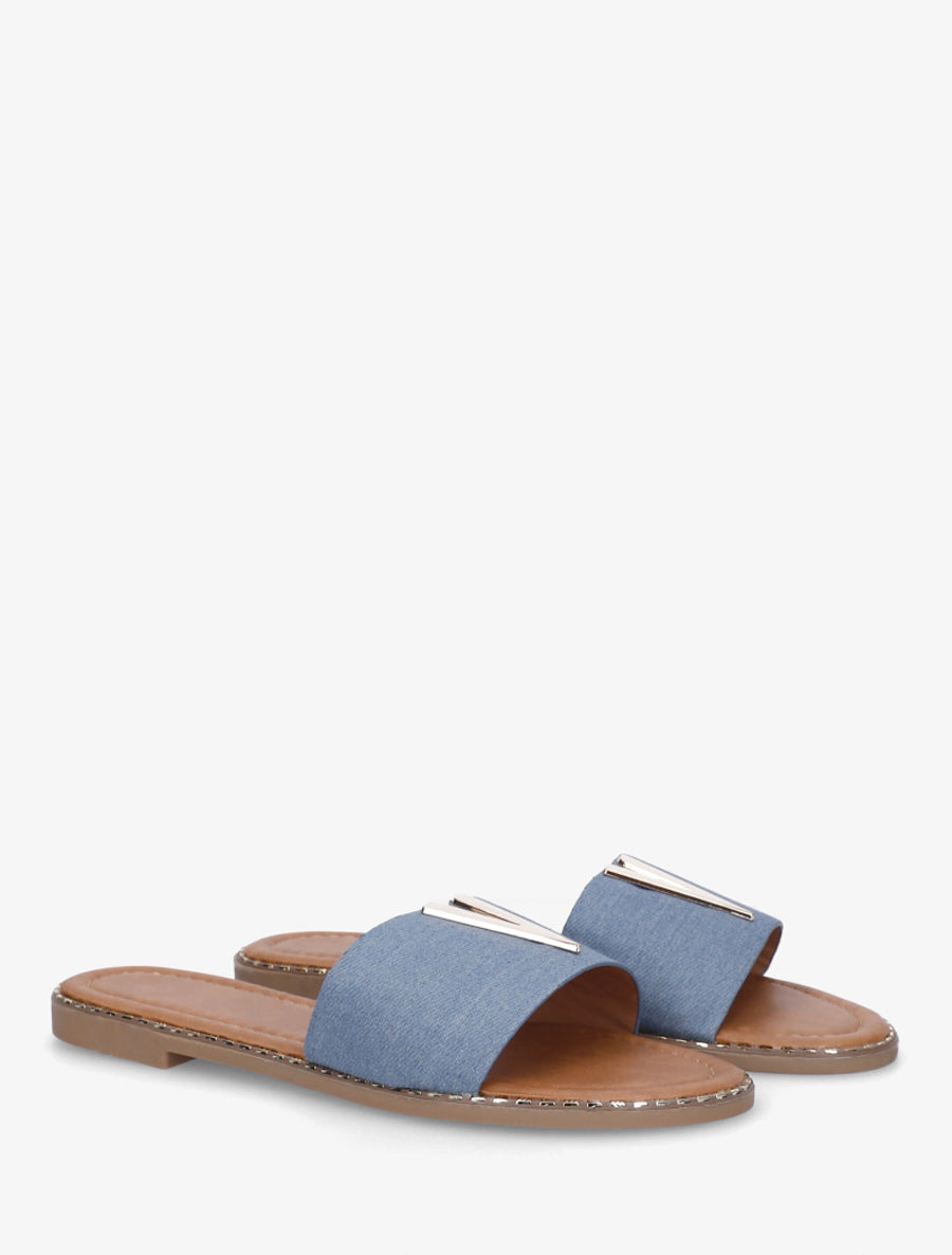 Claquettes en simili à empiècement bijou V - Bleu - 4