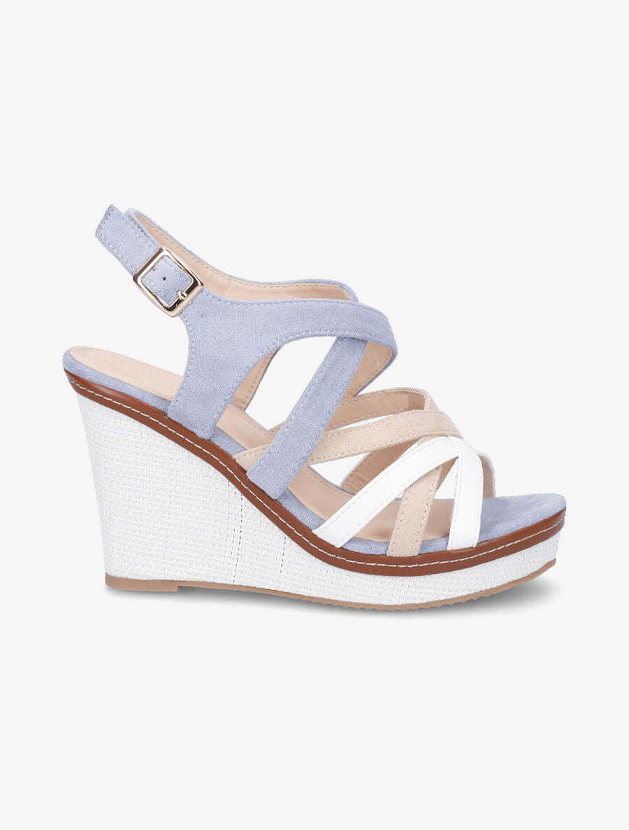 Sandales compensées en suédine et simili - Bleu - 1