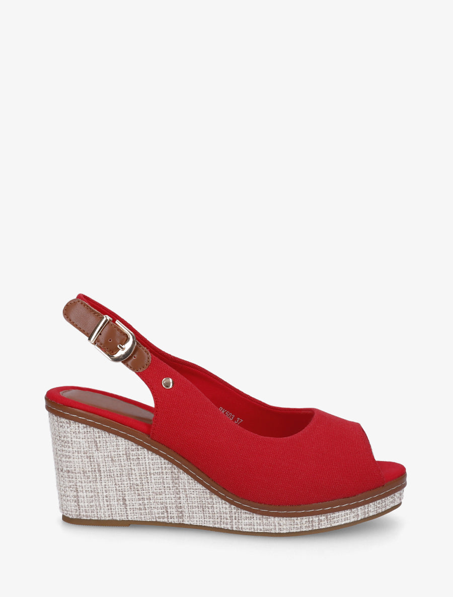Sandales compensées peep toe en tissu - Rouge - 1