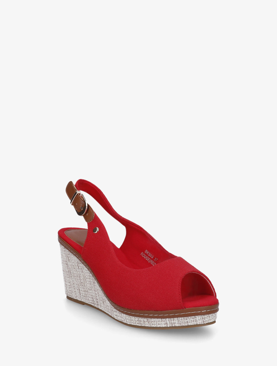 Sandales compensées peep toe en tissu - Rouge - 2