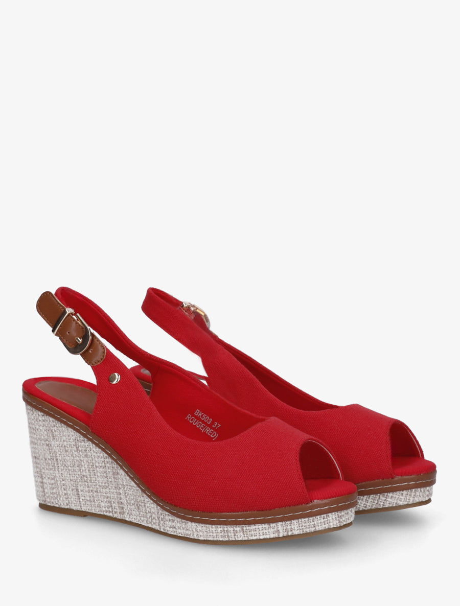 Sandales compensées peep toe en tissu - Rouge - 4