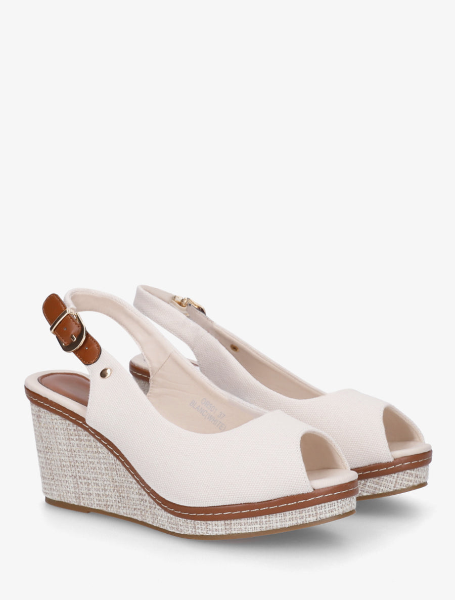 Sandales compensées peep toe en tissu - Écru - 4