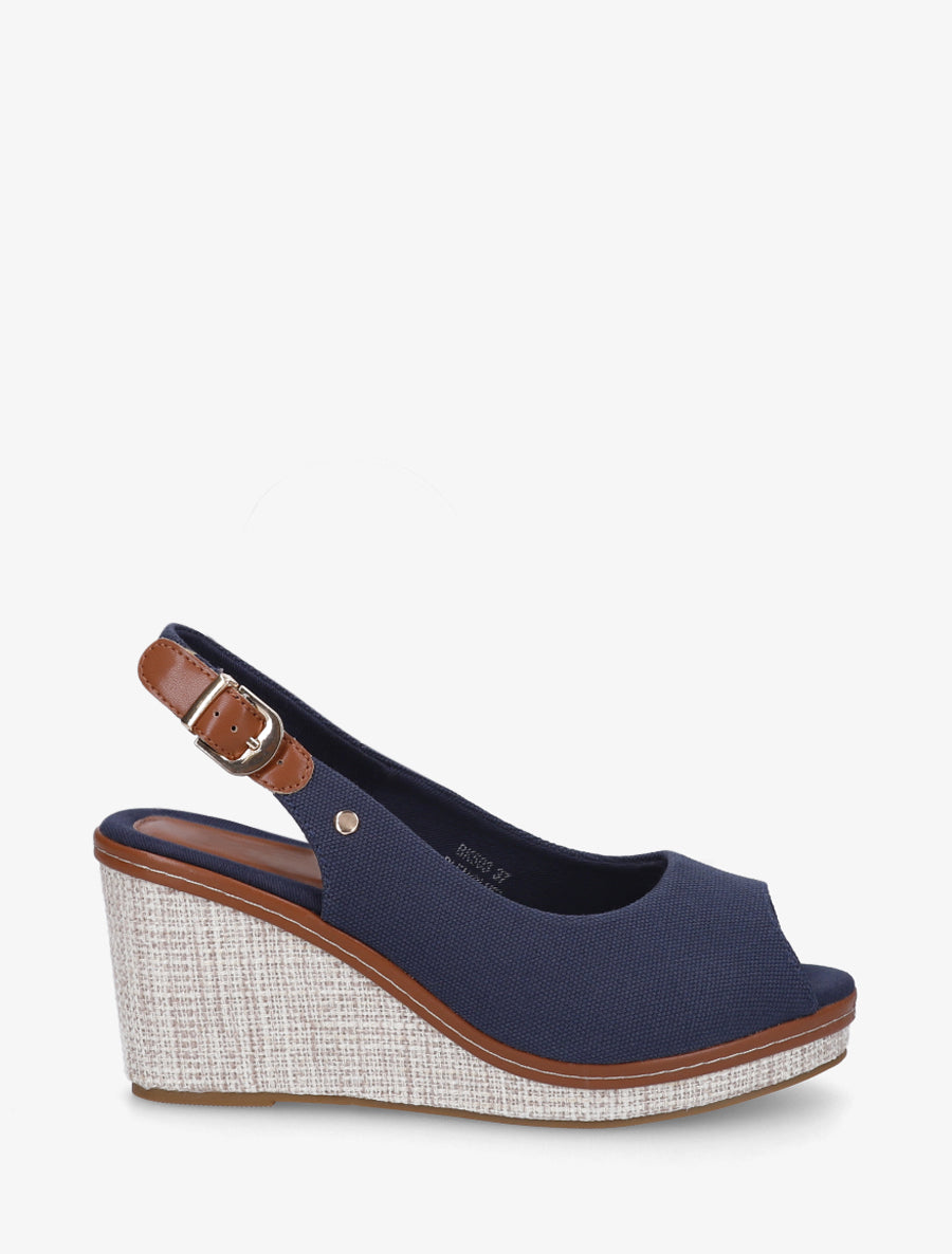 Sandales compensées peep toe en tissu - Marine - 1